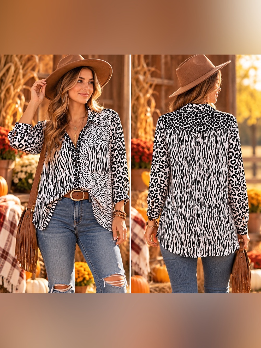 Multiples Black & White Mixed Animal Print Button Down Shirt